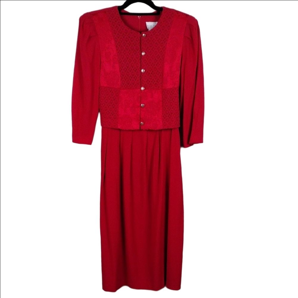 Miss Dorby Vintage Red Floral Crochet Scoop Neck Long Sleeve Zip Back Midi Dress